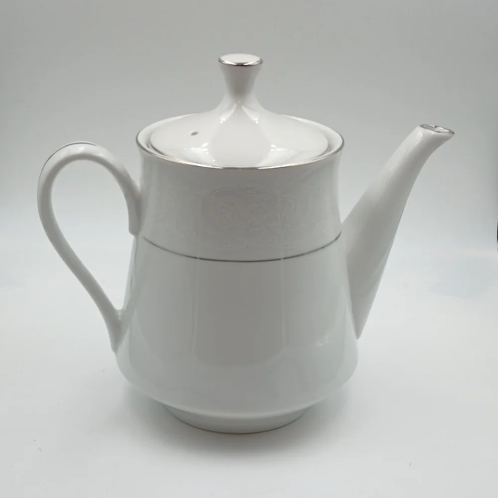 Teapot Server White Lace Silver Trim Southwicke Vintage Classic Neutral Elegant